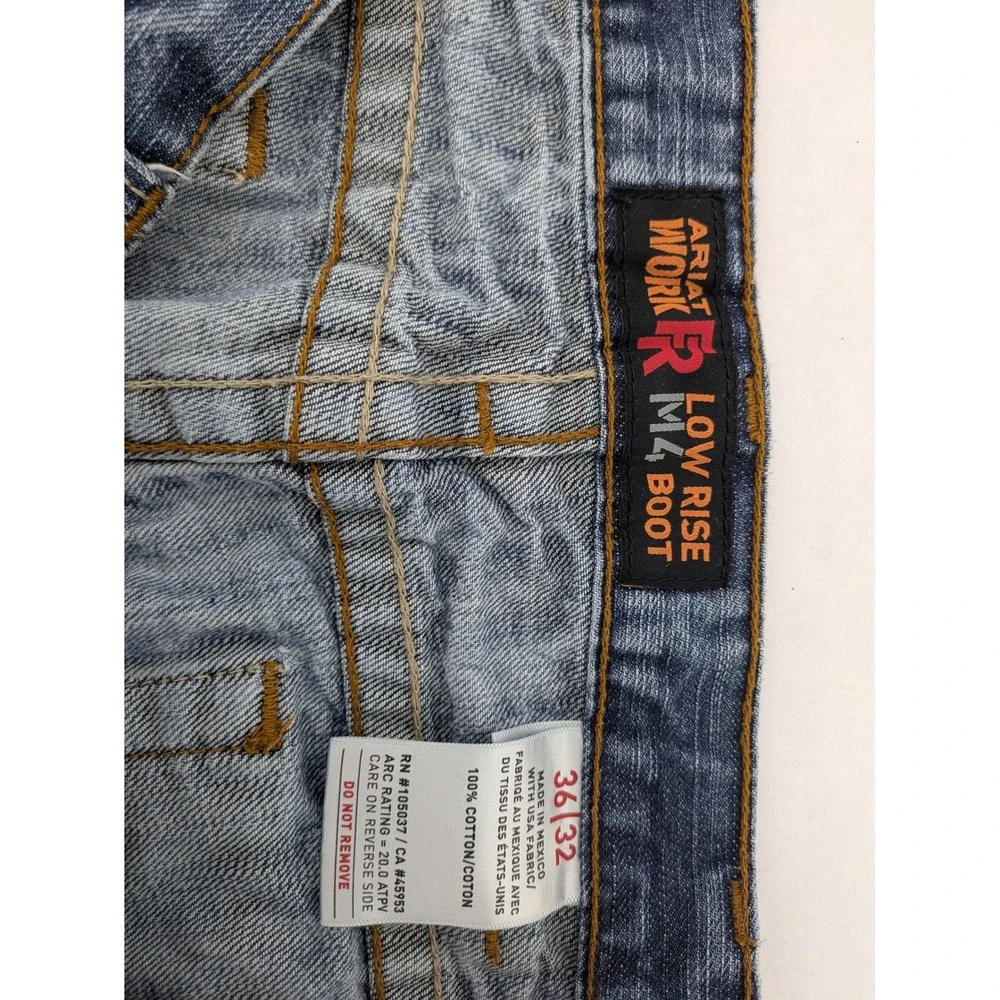 Ariat FR M4 Low Rise Boot Cut Jeans Mens 36x32 Blue Distressed Thrashed Workwear